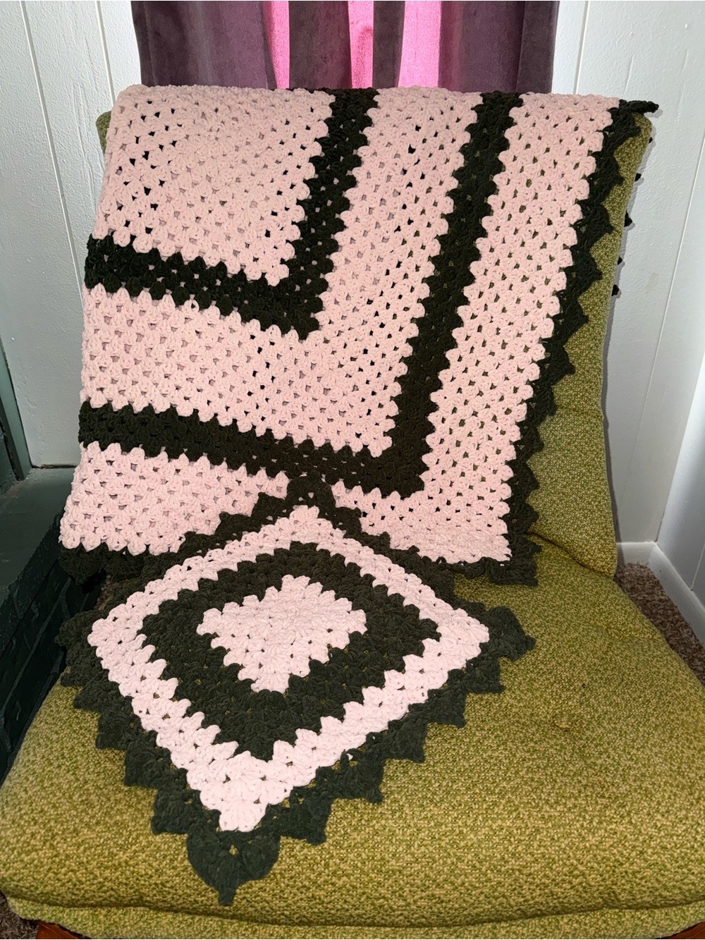 Handmade Pink and Dark Green Crochet Throw Blanket - Soft Home Bedding
